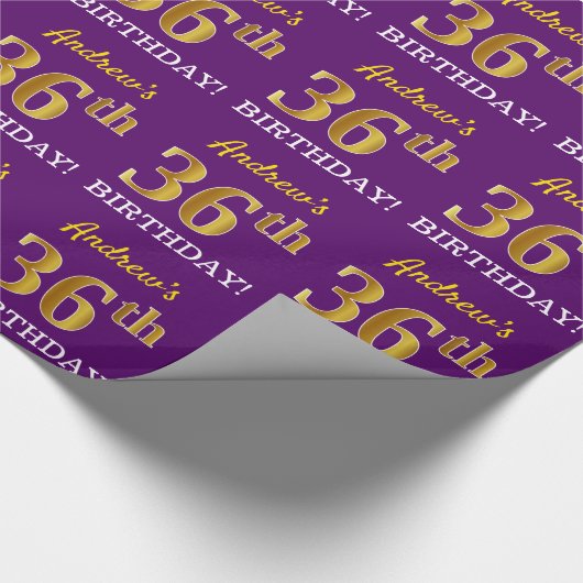 Paarse, imitatie Gold look "36e BIRTHDAY" Cadeaupapier (Hoek)