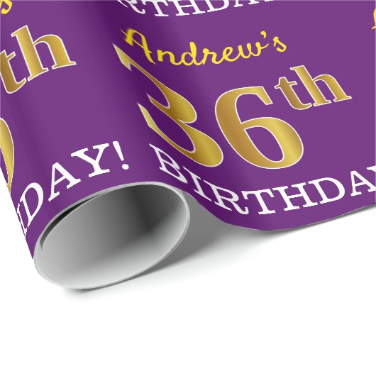 Paarse, imitatie Gold look "36e BIRTHDAY" Cadeaupapier (Rol Hoek)