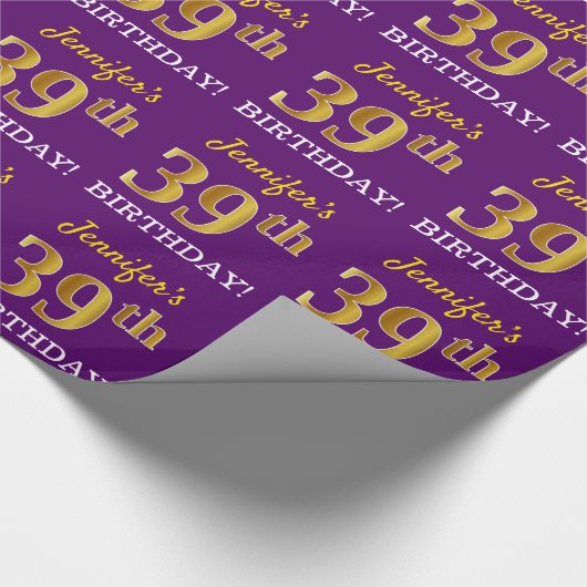 Paarse, imitatie Gold look "39e BIRTHDAY" Cadeaupapier (Hoek)