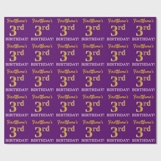 Paarse, imitatie Gold look "3e BIRTHDAY" Cadeaupapier (Vlak)