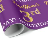Paarse, imitatie Gold look "3e BIRTHDAY" Cadeaupapier (Rol Hoek)