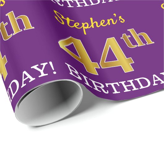 Paarse, imitatie Gold look "44e BIRTHDAY" Cadeaupapier (Rol Hoek)
