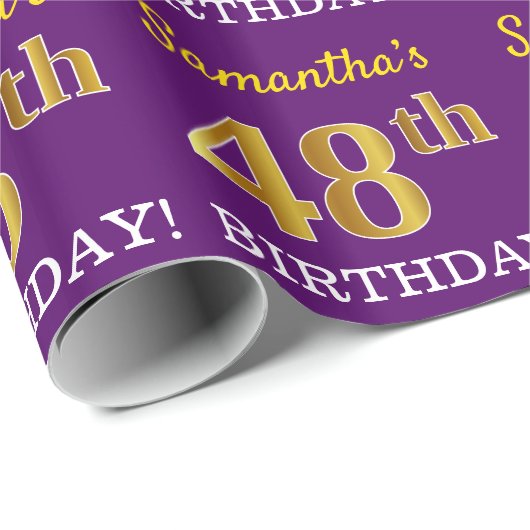 Paarse, imitatie Gold look "48e BIRTHDAY" Cadeaupapier (Rol Hoek)
