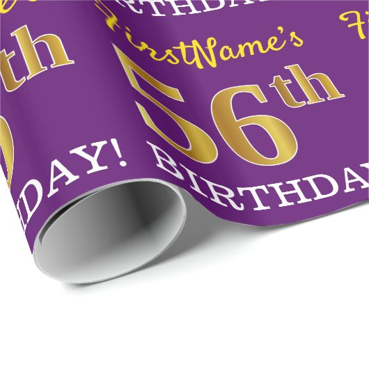Paarse, imitatie Gold look "56th BIRTHDAY" Cadeaupapier (Rol Hoek)