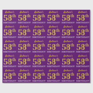 Paarse, imitatie Gold look "58e BIRTHDAY" Cadeaupapier