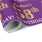 Paarse, imitatie Gold look "58e BIRTHDAY" Cadeaupapier (Rol Hoek)