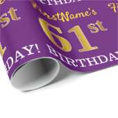 Paarse, imitatie Gold look "61ste BIRTHDAY" Cadeaupapier (Rol Hoek)