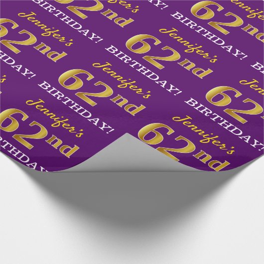 Paarse, imitatie Gold look "62e BIRTHDAY" Cadeaupapier (Hoek)