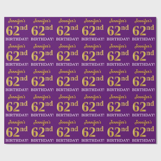 Paarse, imitatie Gold look "62e BIRTHDAY" Cadeaupapier (Vlak)