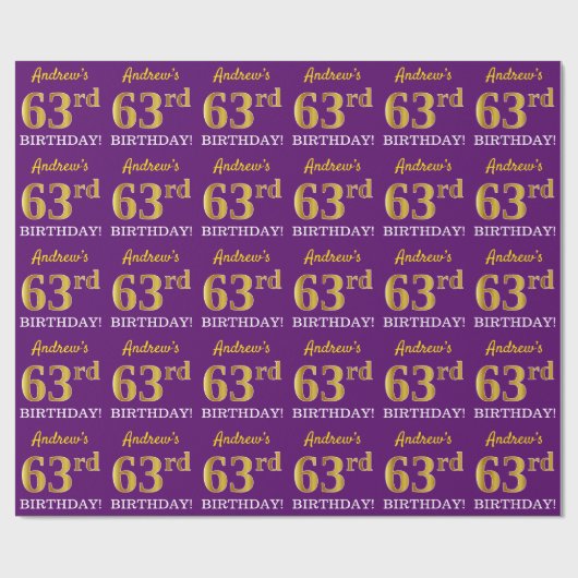 Paarse, imitatie Gold look "63e BIRTHDAY" Cadeaupapier (Vlak)