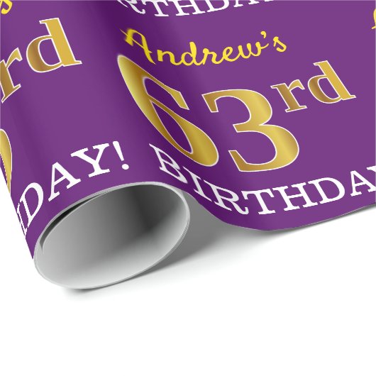 Paarse, imitatie Gold look "63e BIRTHDAY" Cadeaupapier (Rol Hoek)