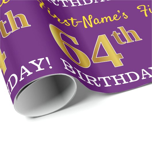 Paarse, imitatie Gold look "64e BIRTHDAY" Cadeaupapier (Rol Hoek)