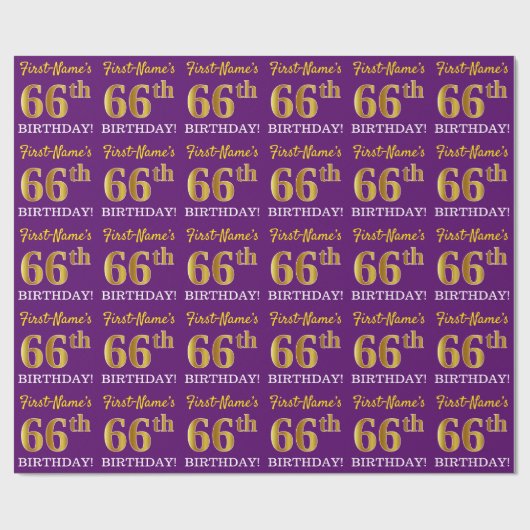Paarse, imitatie Gold look "66e BIRTHDAY" Cadeaupapier (Vlak)