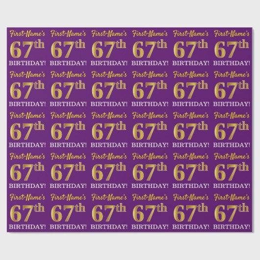 Paarse, imitatie Gold look "67e BIRTHDAY" Cadeaupapier (Vlak)