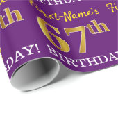 Paarse, imitatie Gold look "67e BIRTHDAY" Cadeaupapier (Rol Hoek)