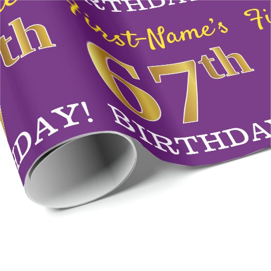 Paarse, imitatie Gold look "67e BIRTHDAY" Cadeaupapier (Rol Hoek)