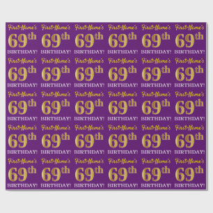 Paarse, imitatie Gold look "69e BIRTHDAY" Cadeaupapier