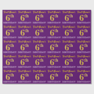 Paarse, imitatie Gold look "6th BIRTHDAY" Cadeaupapier