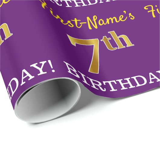 Paarse, imitatie Gold look "7e BIRTHDAY" Cadeaupapier (Rol Hoek)