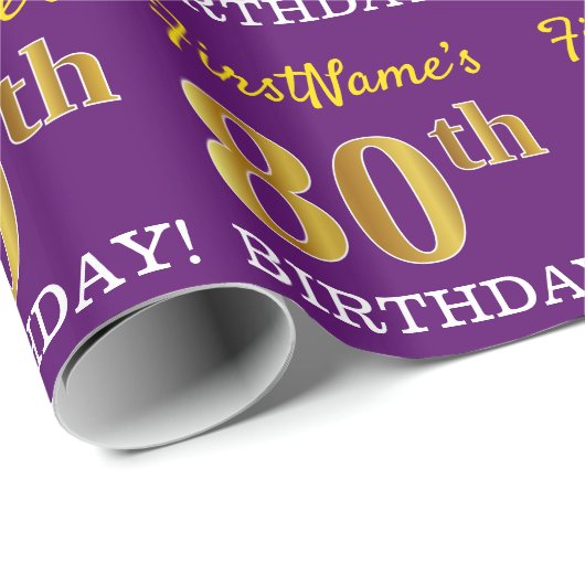 Paarse, imitatie Gold look "80e BIRTHDAY" Cadeaupapier (Rol Hoek)