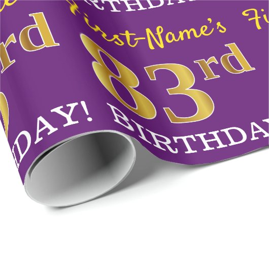 Paarse, imitatie Gold look "83e BIRTHDAY" Cadeaupapier (Rol Hoek)