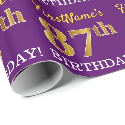 Paarse, imitatie Gold look "87th BIRTHDAY" Cadeaupapier (Rol Hoek)