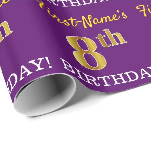 Paarse, imitatie Gold look "8e BIRTHDAY" Cadeaupapier (Rol Hoek)