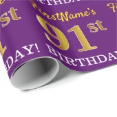 Paarse, imitatie Gold look "91st BIRTHDAY" Cadeaupapier (Rol Hoek)