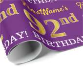 Paarse, imitatie Gold look "92e BIRTHDAY" Cadeaupapier (Rol Hoek)