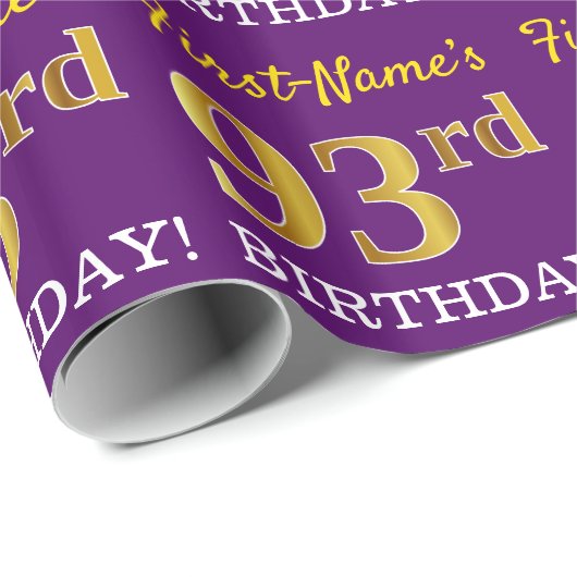Paarse, imitatie Gold look "93e BIRTHDAY" Cadeaupapier (Rol Hoek)