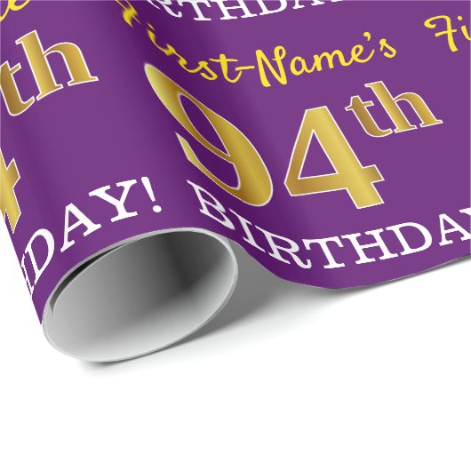 Paarse, imitatie Gold look "94e BIRTHDAY" Cadeaupapier (Rol Hoek)