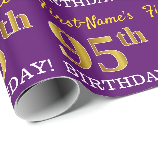 Paarse, imitatie Gold look "95th BIRTHDAY" Cadeaupapier (Rol Hoek)