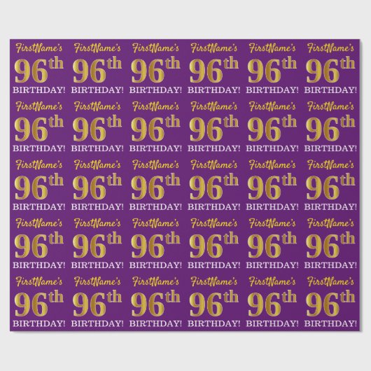 Paarse, imitatie Gold look "96e BIRTHDAY" Cadeaupapier (Vlak)