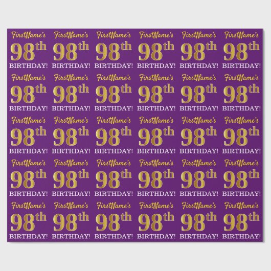Paarse, imitatie Gold look "98e BIRTHDAY" Cadeaupapier (Vlak)