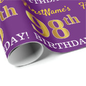 Paarse, imitatie Gold look "98e BIRTHDAY" Cadeaupapier (Rol Hoek)