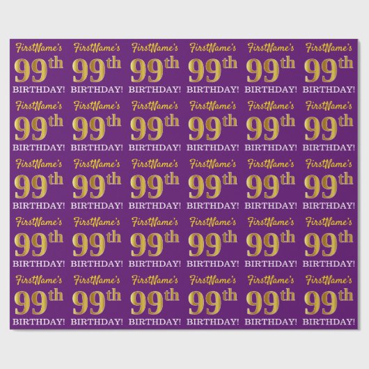 Paarse, imitatie Gold look "99th BIRTHDAY" Cadeaupapier (Vlak)