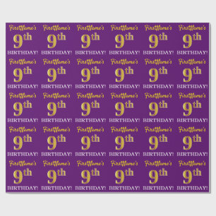 Paarse, imitatie Gold look "9e BIRTHDAY" Cadeaupapier