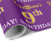 Paarse, imitatie Gold look "9e BIRTHDAY" Cadeaupapier (Rol Hoek)