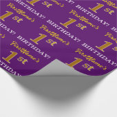 Paarse, imitatie gouden look "1e VERJAARDAG" Cadeaupapier (Hoek)