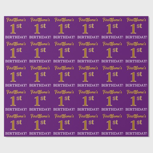 Paarse, imitatie gouden look "1e VERJAARDAG" Cadeaupapier (Vlak)