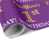 Paarse, imitatie gouden look "1e VERJAARDAG" Cadeaupapier (Rol Hoek)