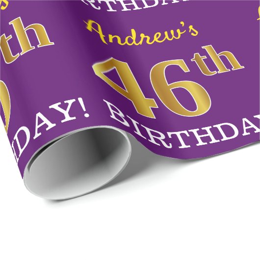 Paarse, Imitatie Gouden look "46th BIRTHDAY" Cadeaupapier (Rol Hoek)