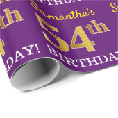 Paarse, Imitatie Gouden look "54e VERJAARDAG" Cadeaupapier (Rol Hoek)