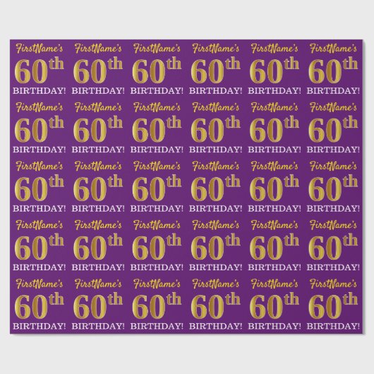 Paarse, Imitatie Gouden look "60e VERJAARDAG" Cadeaupapier (Vlak)