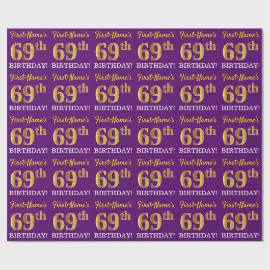 Paarse, Imitatie Gouden look "69e VERJAARDAG" Cadeaupapier (Vlak)