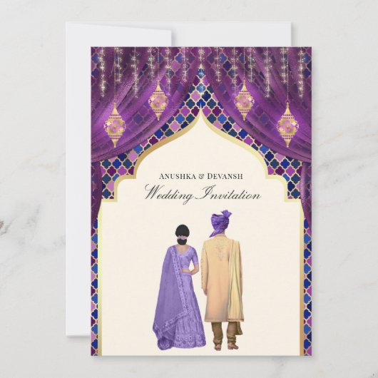 Paarse Indiase koppel trouwt met gouden lantaarns Kaart (Voorkant)