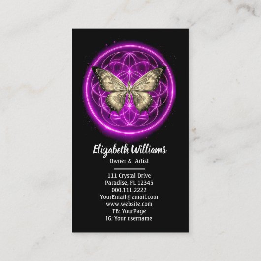 Paarse Indigo Vlinder Mystiek Mandala Turquoise Visitekaartje (Achterkant)