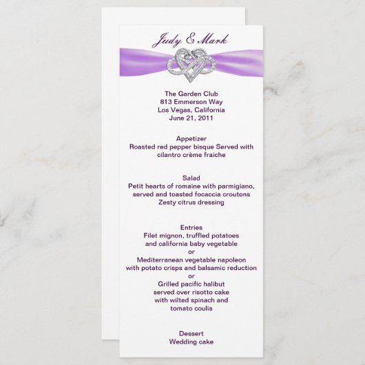 Paarse Infinity Hart Bruiloft Menu Kaart (Voorkant / Achterkant)