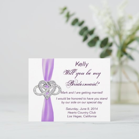 Paarse Infinity Heart Bridesmaid Kaart (Staand voorkant)