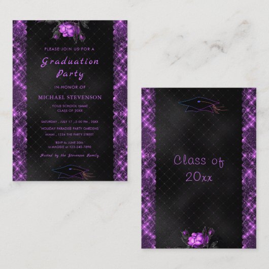 Paarse Ingelijste Zwarte Afstuderen Uitnodiging Sj (Voorkant / Achterkant)